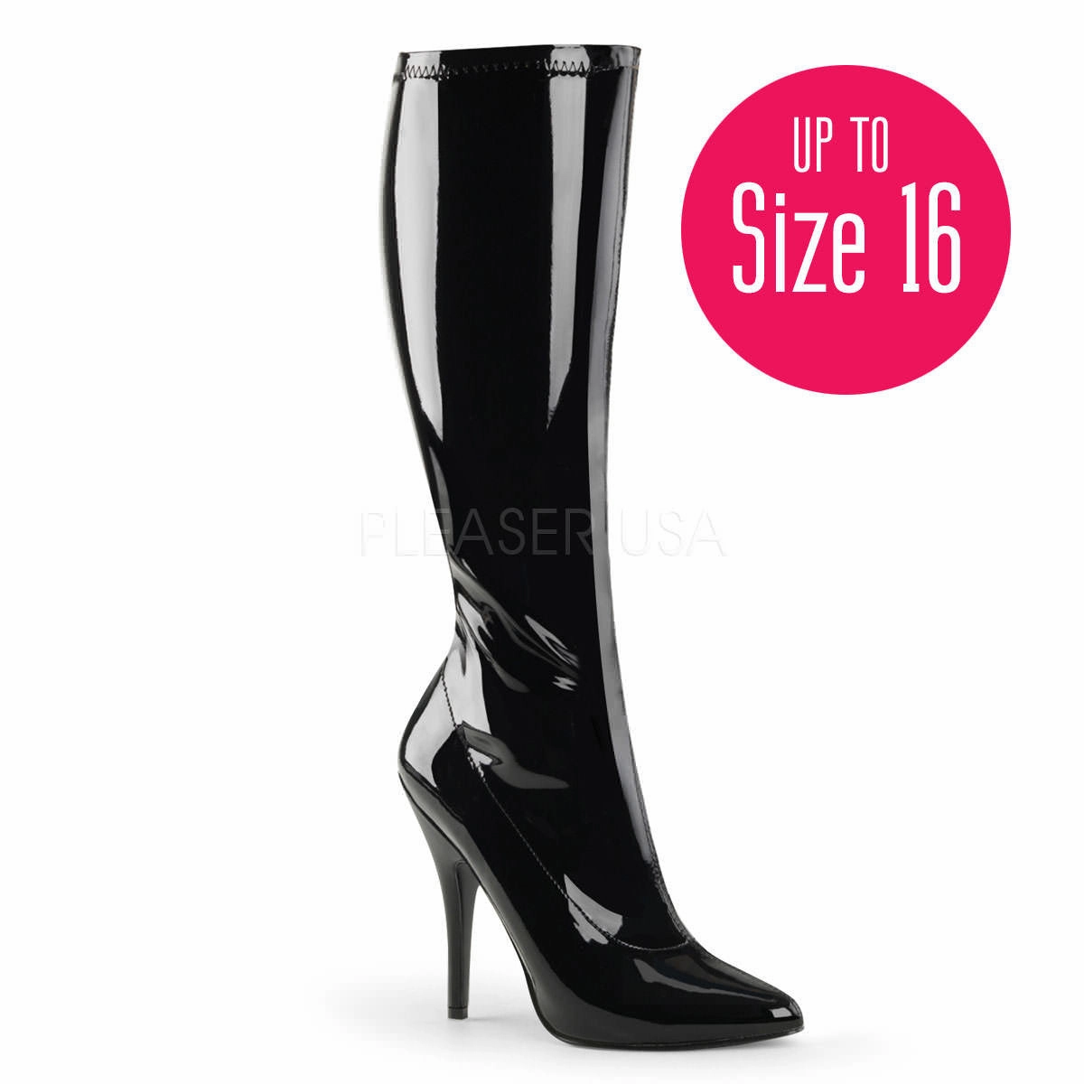 5 Inch Heel SEDUCE-2000 Black Stretch Patent Knee High Boots For Short Calves