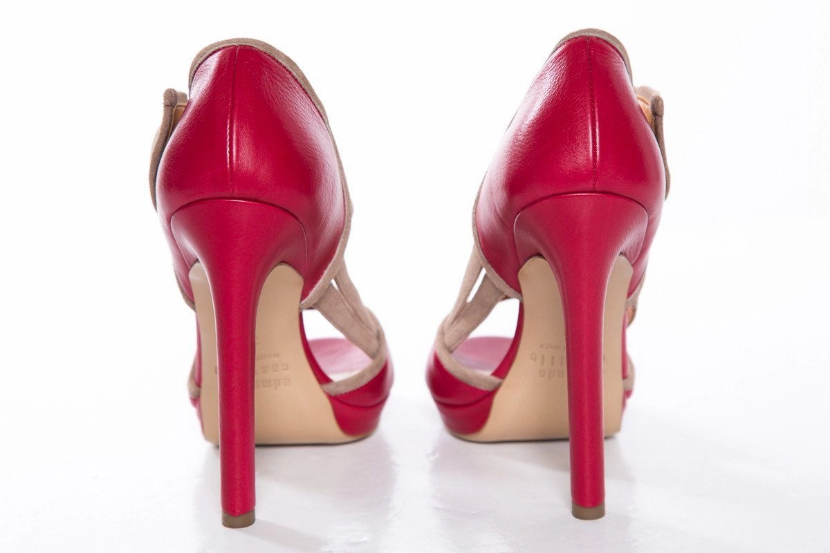 Edmundo Castillo  Red & Tan Leather Peep Toe Heels SZ 37 Stiletto Thigh High Heels