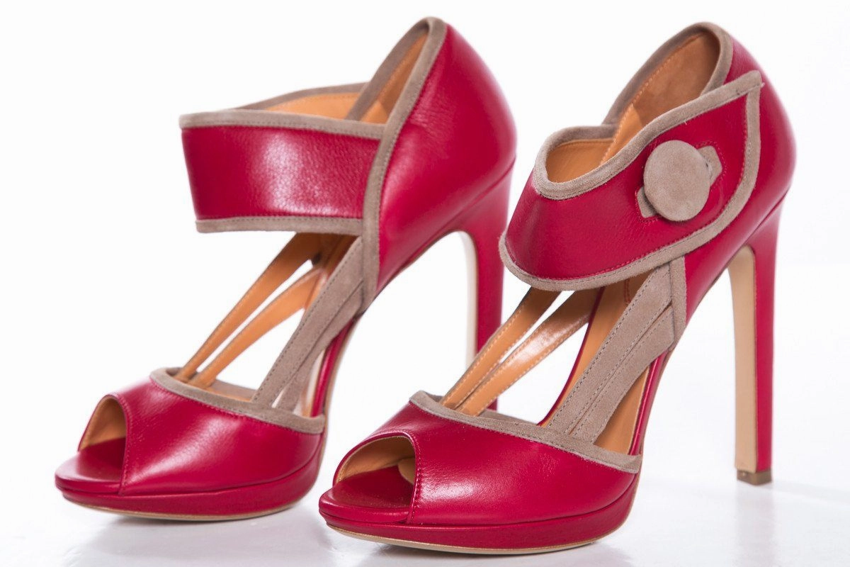 Large Size Shoes High Heels Edmundo Castillo  Red & Tan Leather Peep Toe Heels SZ 37