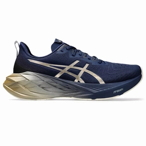 Men's Asics Novablast 4 Platinum, Blue Expanse/Champagne, 15 D Medium Asics Cloud Running Shoes
