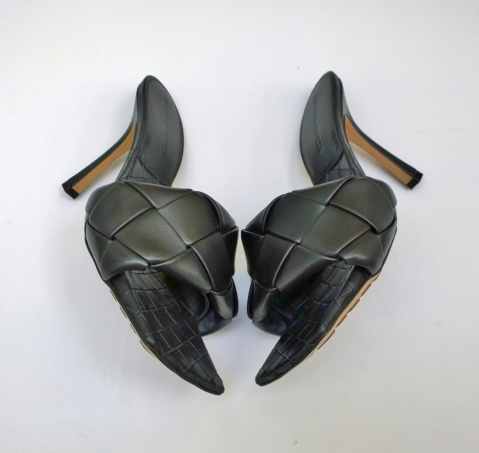 Bottega Veneta Lido Black Leather Slides Open Toe Heels New in Box Sandals Perfume In Shape Of Heel