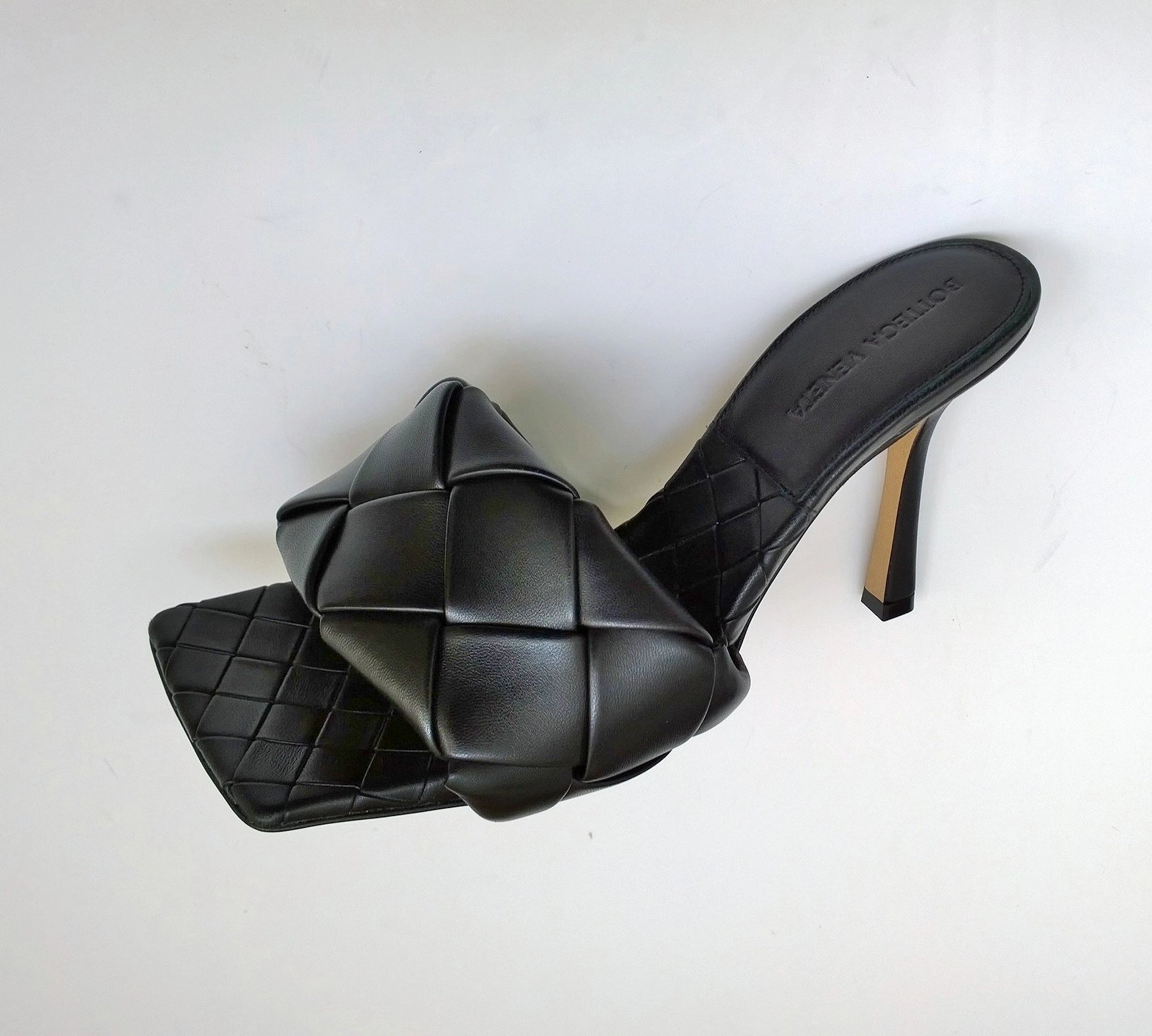 Bottega Veneta Lido Black Leather Slides Open Toe Heels New in Box Sandals Snakeskin Boots Chunky Heel