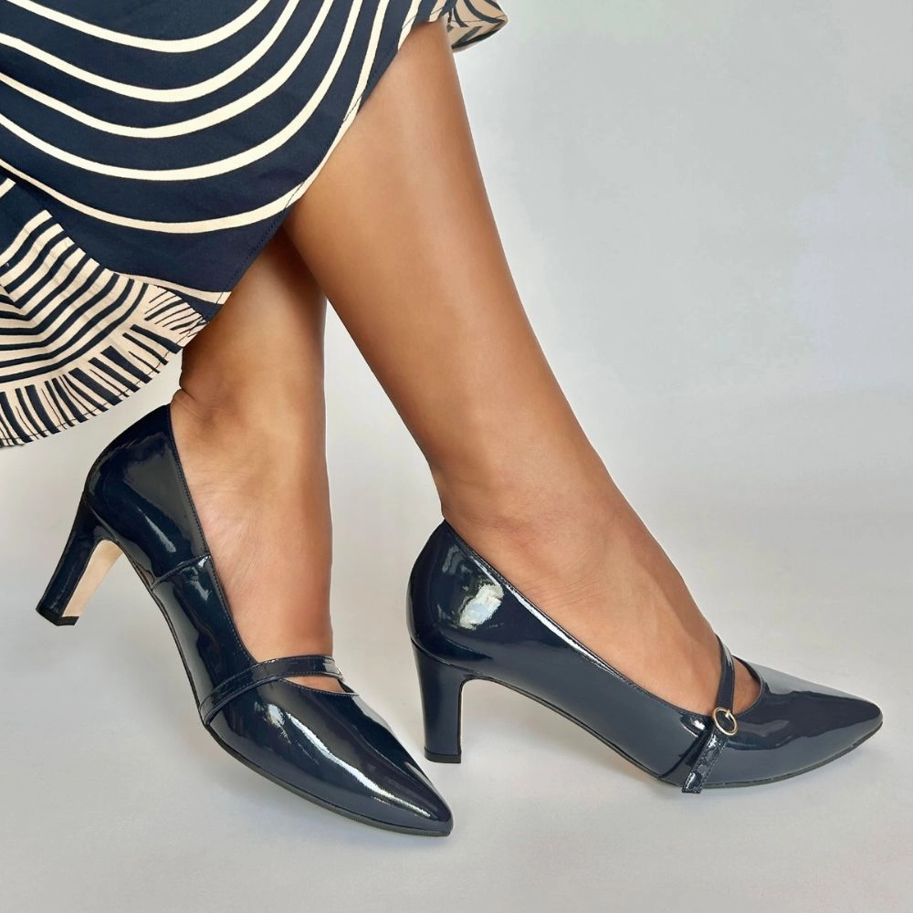 Low High Heel Shoes Stevie Extra-Wide Fit Court Shoe  Navy Patent Leather