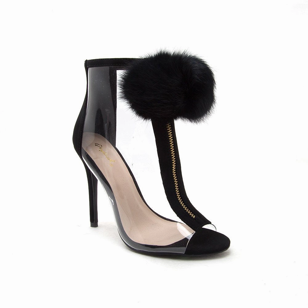 Pom Pom Booties Black High Heels And Miniskirt
