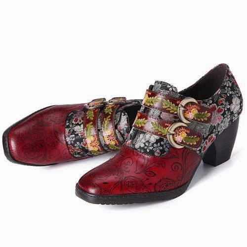 High Heel Shoe Inserts Retro Flower Embossed Leather Pumps