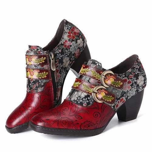 Jennifer Lopez High Heels Retro Flower Embossed Leather Pumps