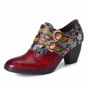 Retro Flower Embossed Leather Pumps Hoof Heel Shoes