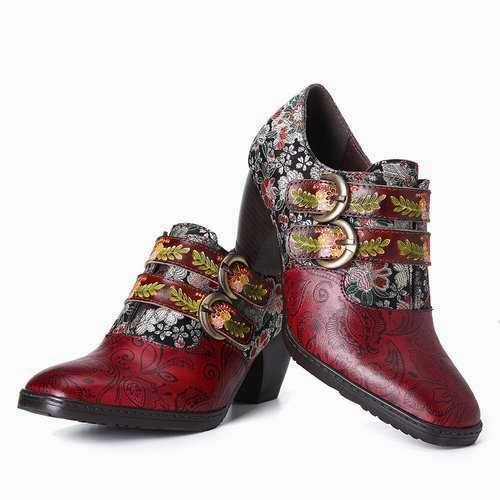 Retro Flower Embossed Leather Pumps High Heels Shows