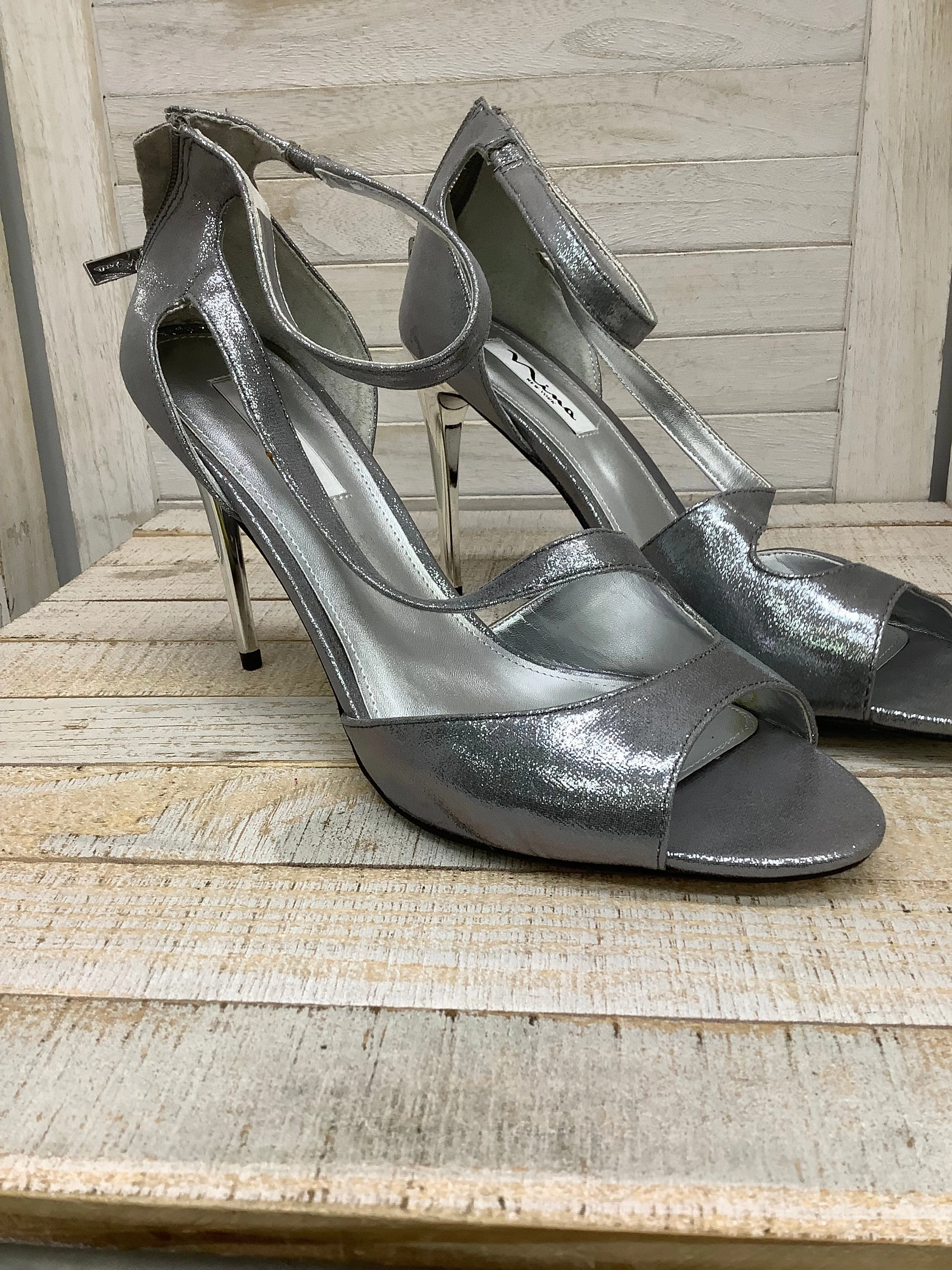 Shoes Heels Stiletto By Nina In Silver, Size: 9.5 Ceramic High Heel