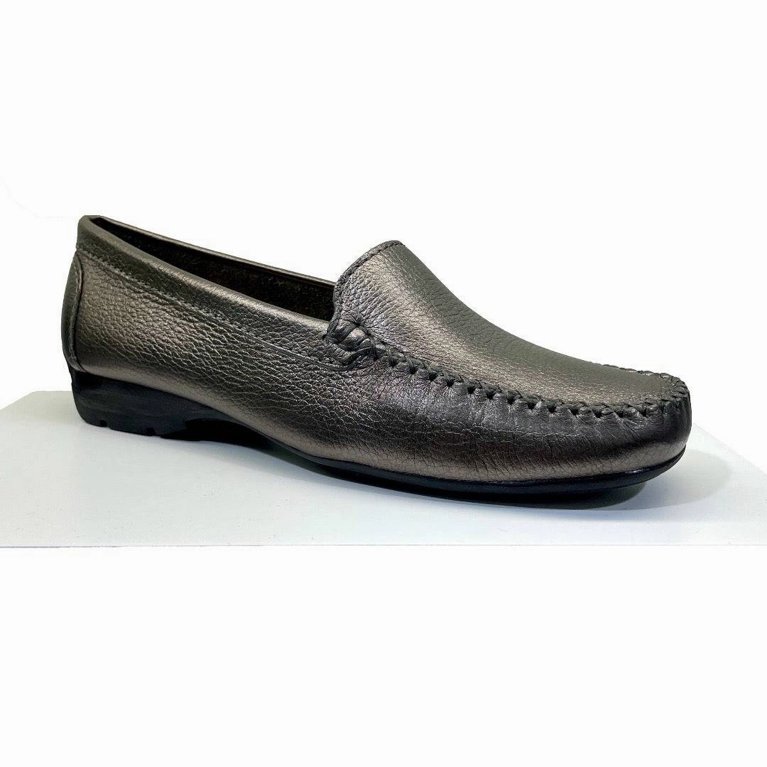 Boots And Loafers EYS Alice Ladies Pewter Leather Loafer Slip On Shoes