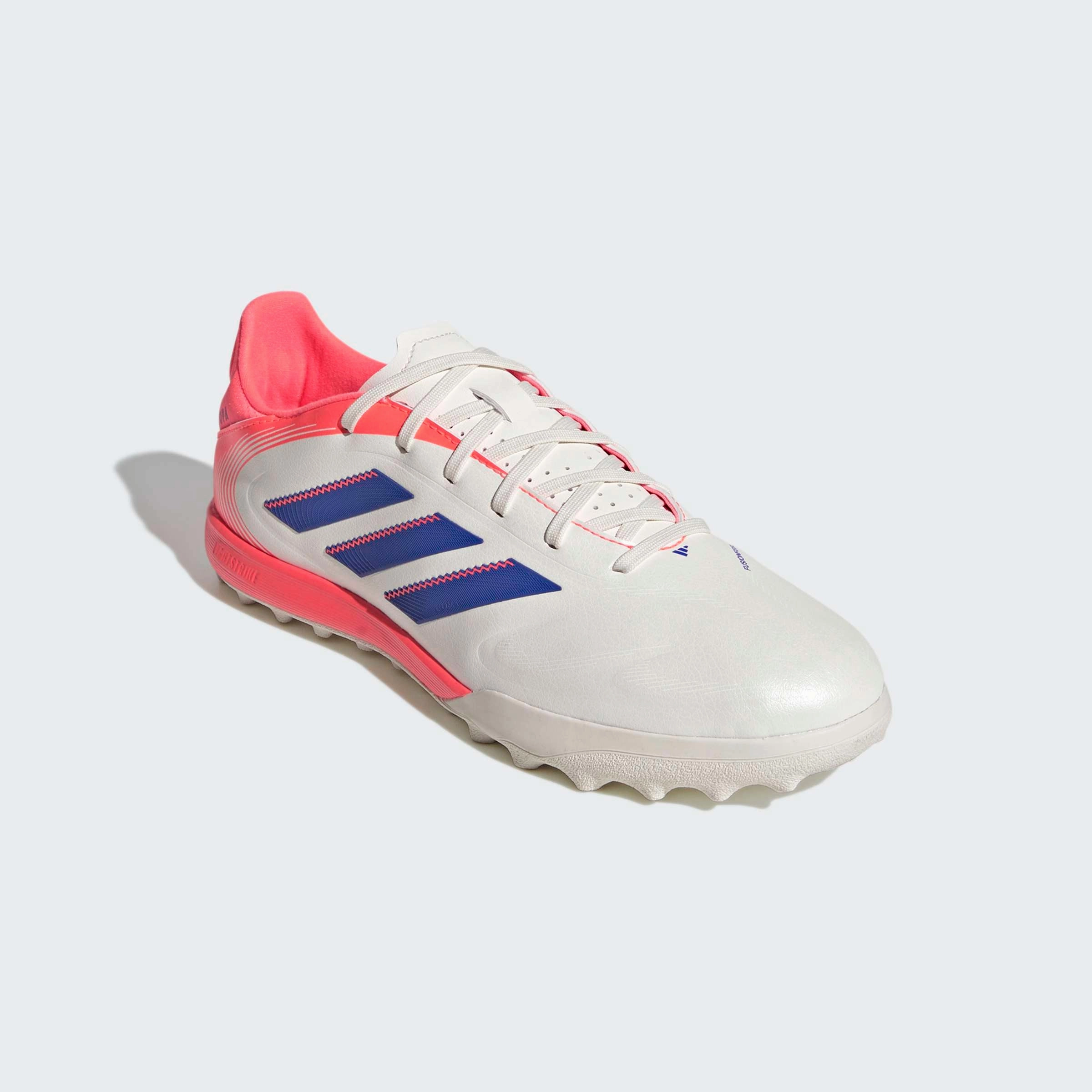 adidas Copa Pure III League TF Men's Soccer Cleats - White/Lucid Blue/Signal Coral Pink Blast Soccer Cleats