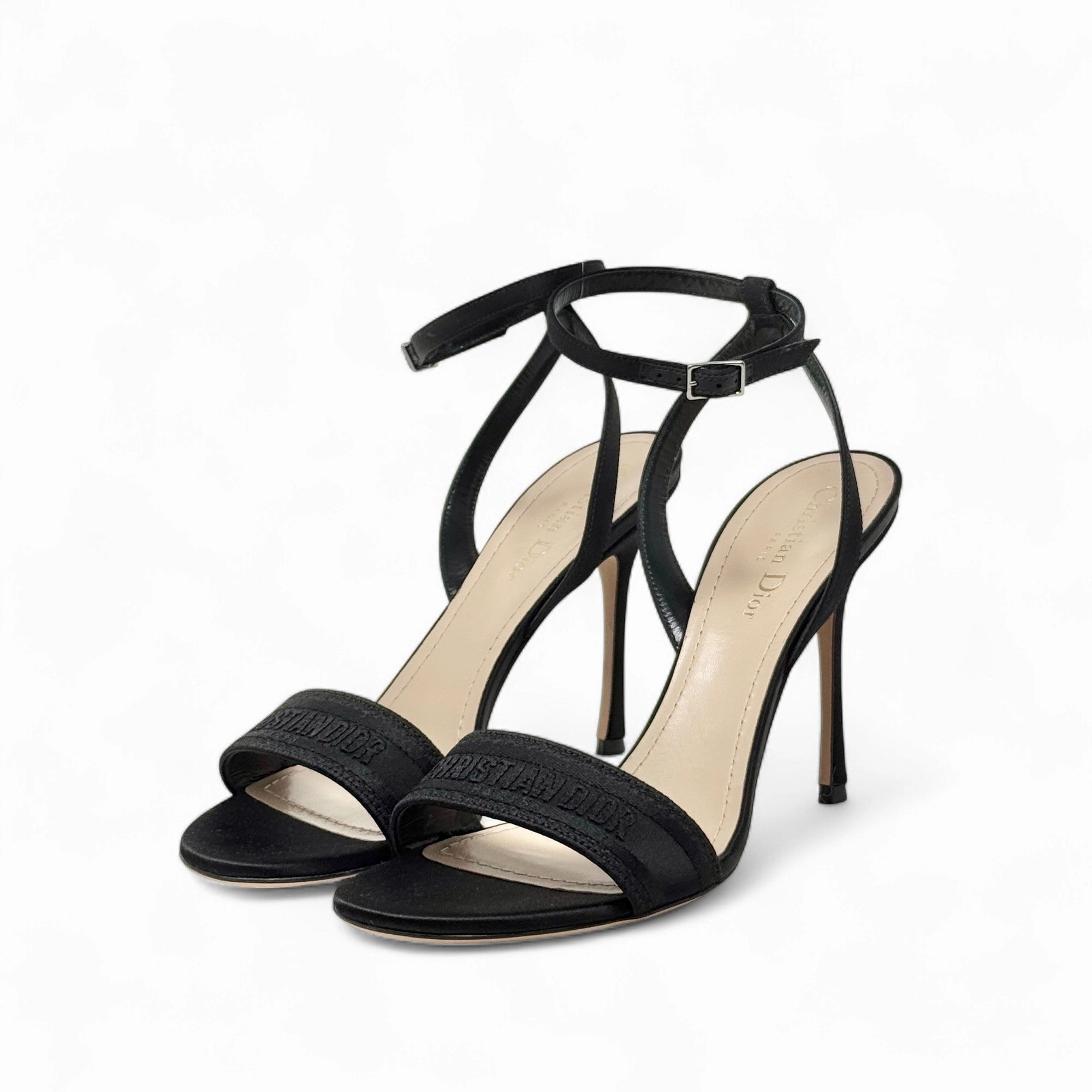 Dior Black Satin Dway Heels 40 Tooled Leather High Heels