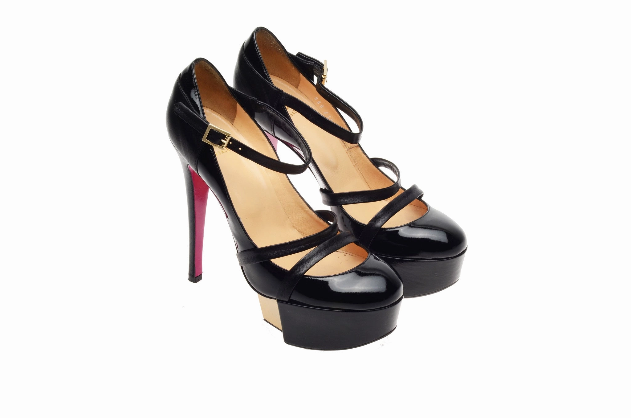 Versace - Gold Black Strappy Heels with Pink and Gold Accents - IT 38 1/2 Dr Scholl's High Heel