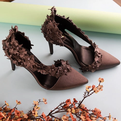 Flower Power ( brown handmade flowers with pearls) High Heel Wedges