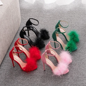 Fluffy Peep Toe Stilettos with Fur Feather High Low Heels