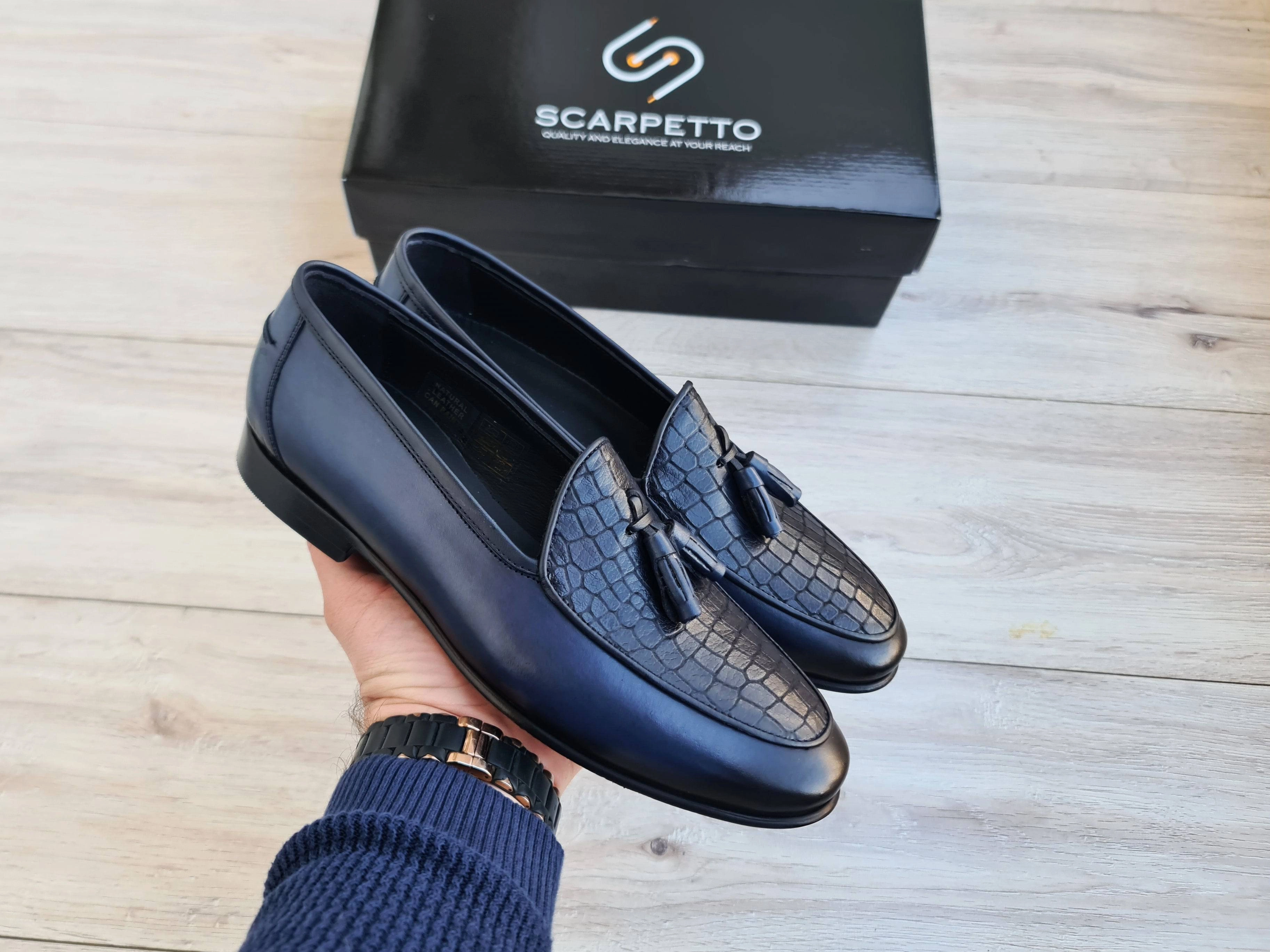 Frangiato Croco Navy Blue Men's Genuine Leather Loafers - Leather Sole Loafers Shoes