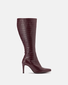 Freya Knee High Boots in Burgundy Croc Wide Calf Knee High Boots Block Heel