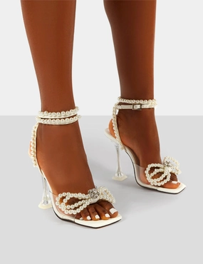 Glimmer White Wrap Around Pearl Detail Bow Square Toe Cake Stand Heels Lace Up Strappy High Heels