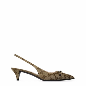 Gucci  Women'S Motif Canvas Horsebit Sling Pumps Beige Ebony High Heel Shoe Rack