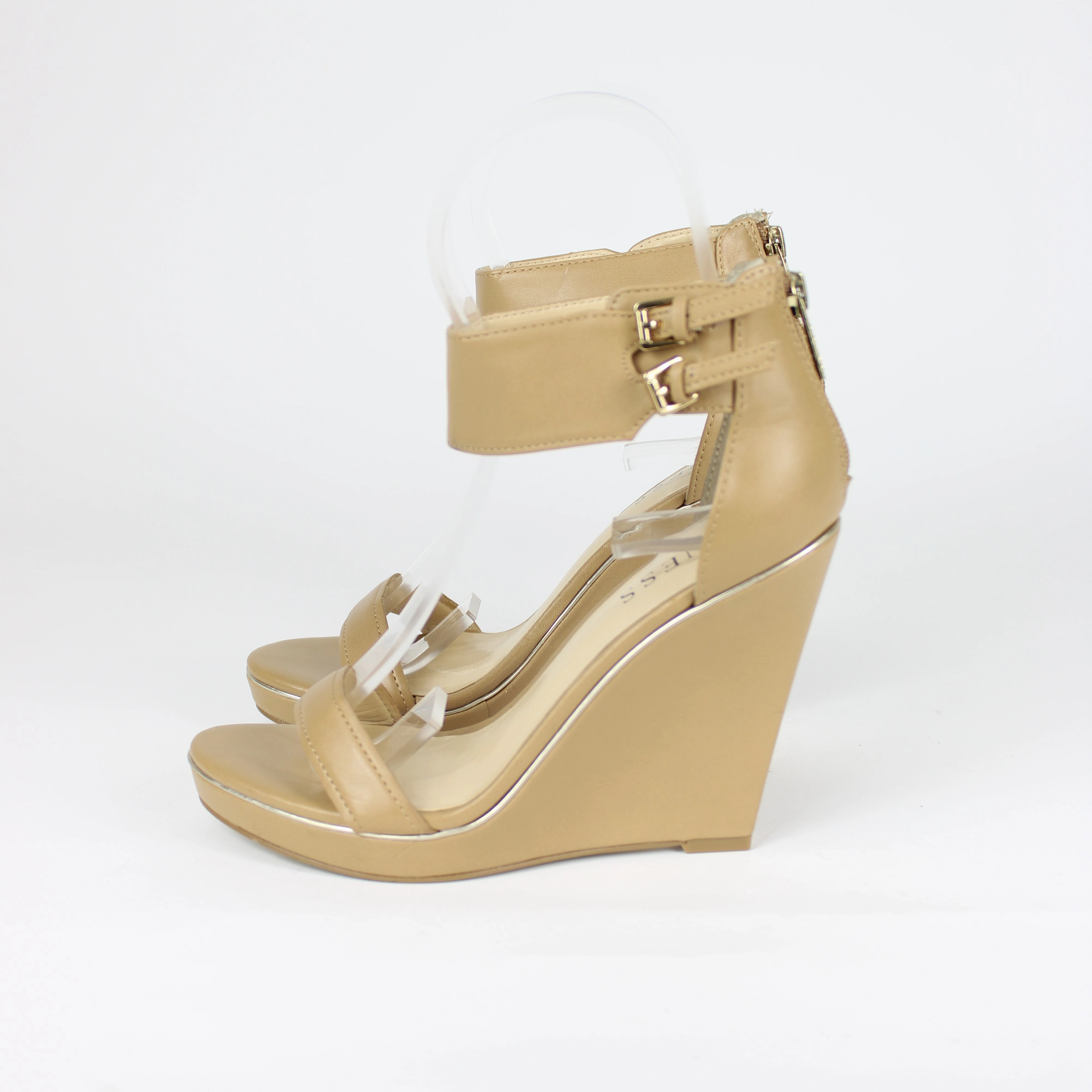 High Heels Side View Guess Beige Leather Block High Heels