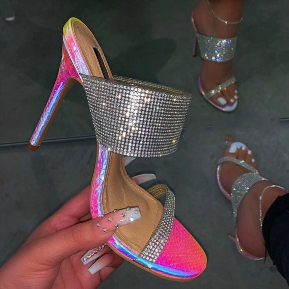 Arielle Rhinestone Double Strap Heels- Hologram Pink Steepest Heels