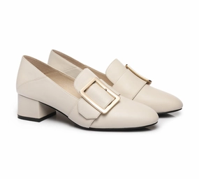Ladies Silver High Heel Shoes TARRAMARRA Women Leather Square Buckle Almond Toe Low Block Heels Sammi