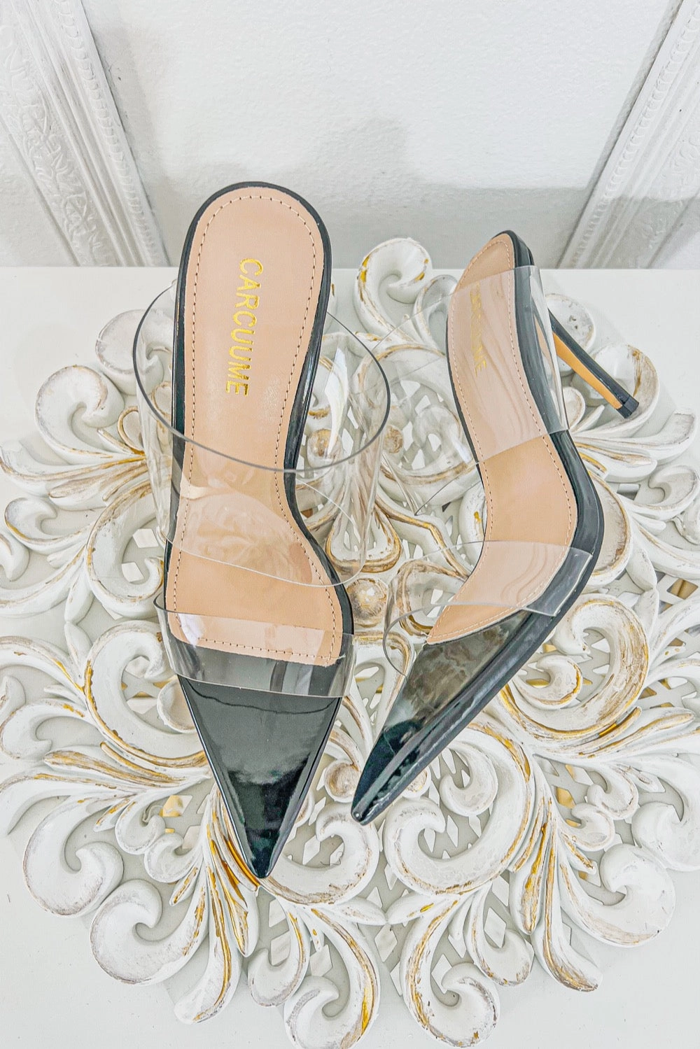 High Thin Double Clear Straps Pointy High Heels