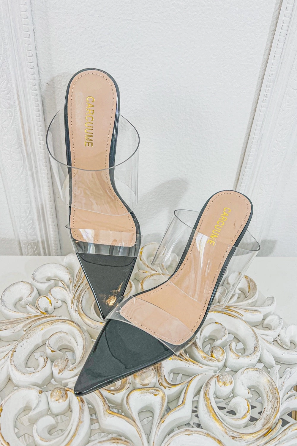 Artistic High Heels Double Clear Straps Pointy High Heels