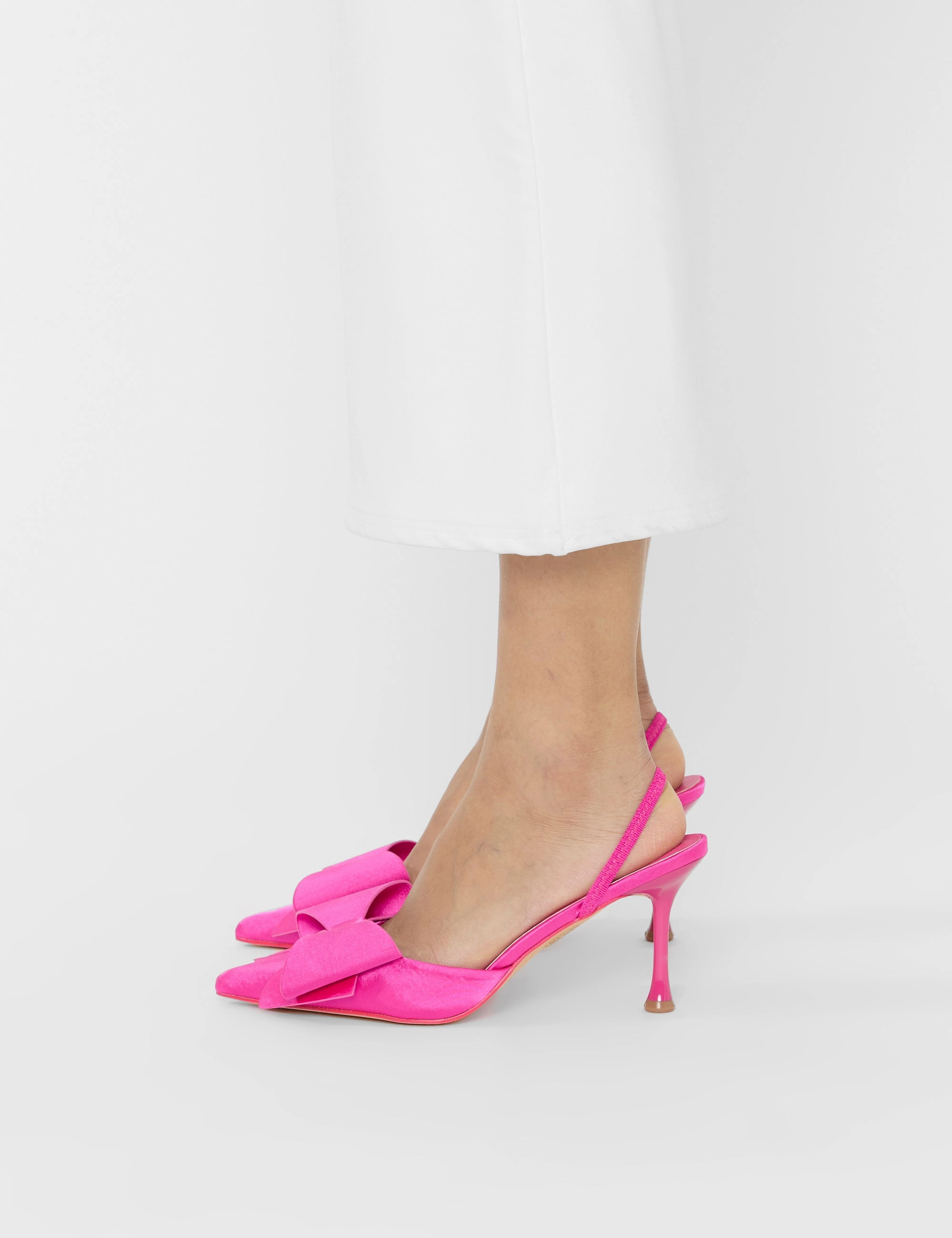 Loren Fuchsia Satin Bow Detail Slingback Court Mid Heels High Heel Icon