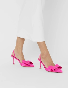 Knee High Block Heel Boots Loren Fuchsia Satin Bow Detail Slingback Court Mid Heels
