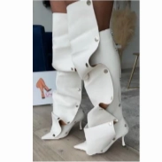 BUMBLE-01 White Faux Leather Knee High Slouch Boots with Draped Front Panel Knee High Boots With Belt