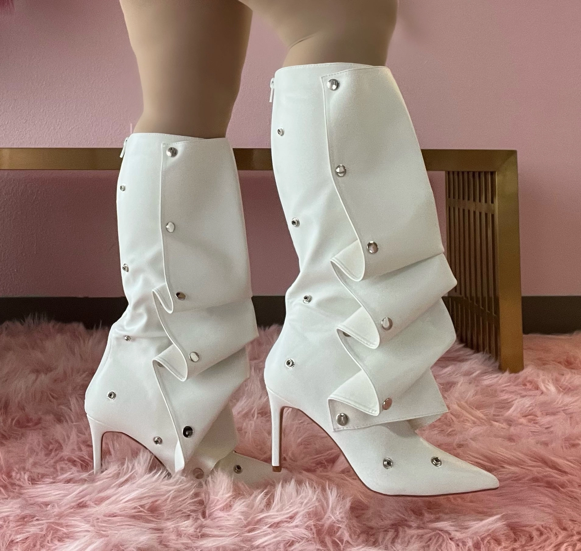 Knee High Boots Flat Sole BUMBLE-01 White Faux Leather Knee High Slouch Boots with Draped Front Panel