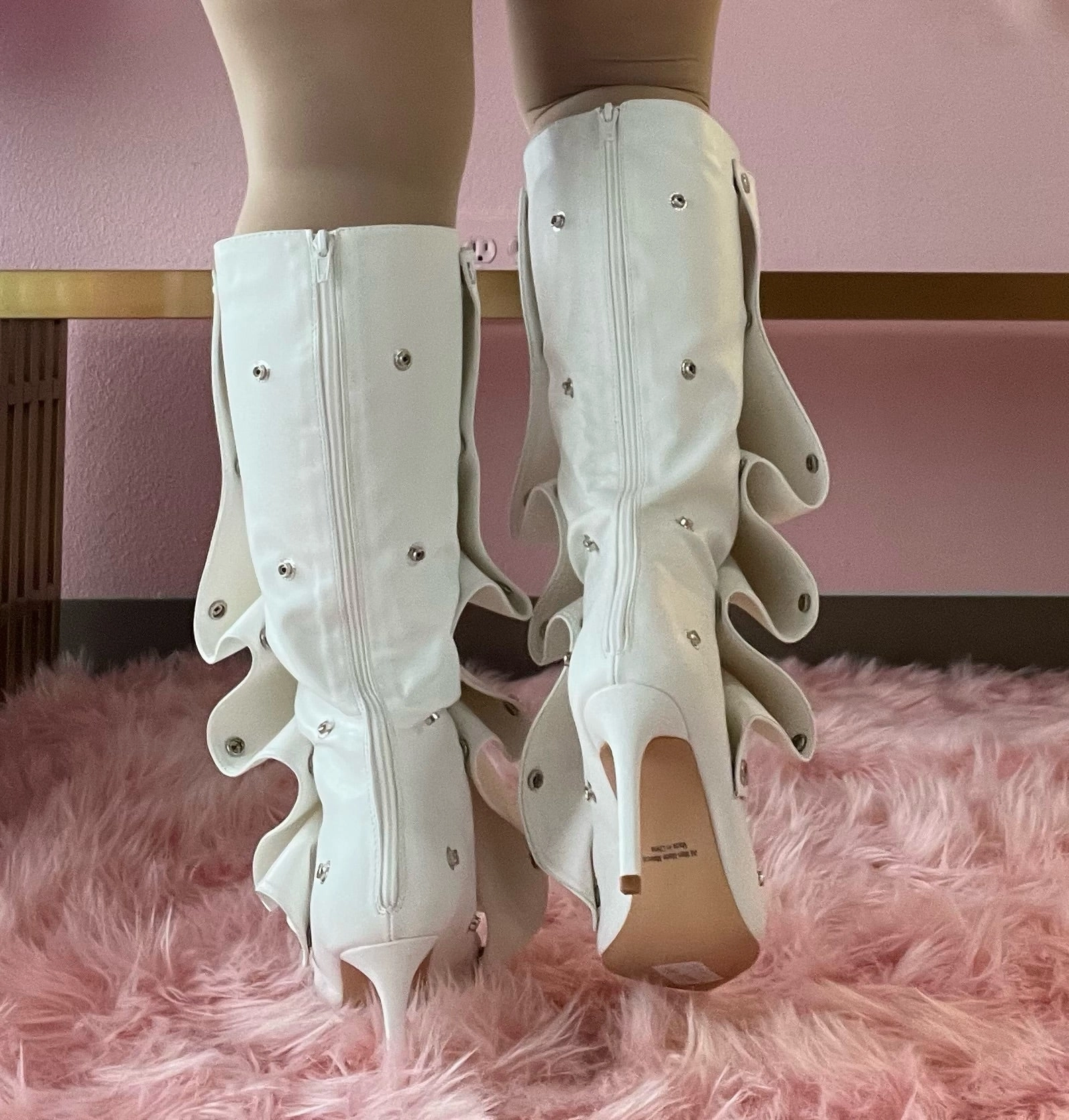 Leather Knee High Wide Calf Boots BUMBLE-01 White Faux Leather Knee High Slouch Boots with Draped Front Panel