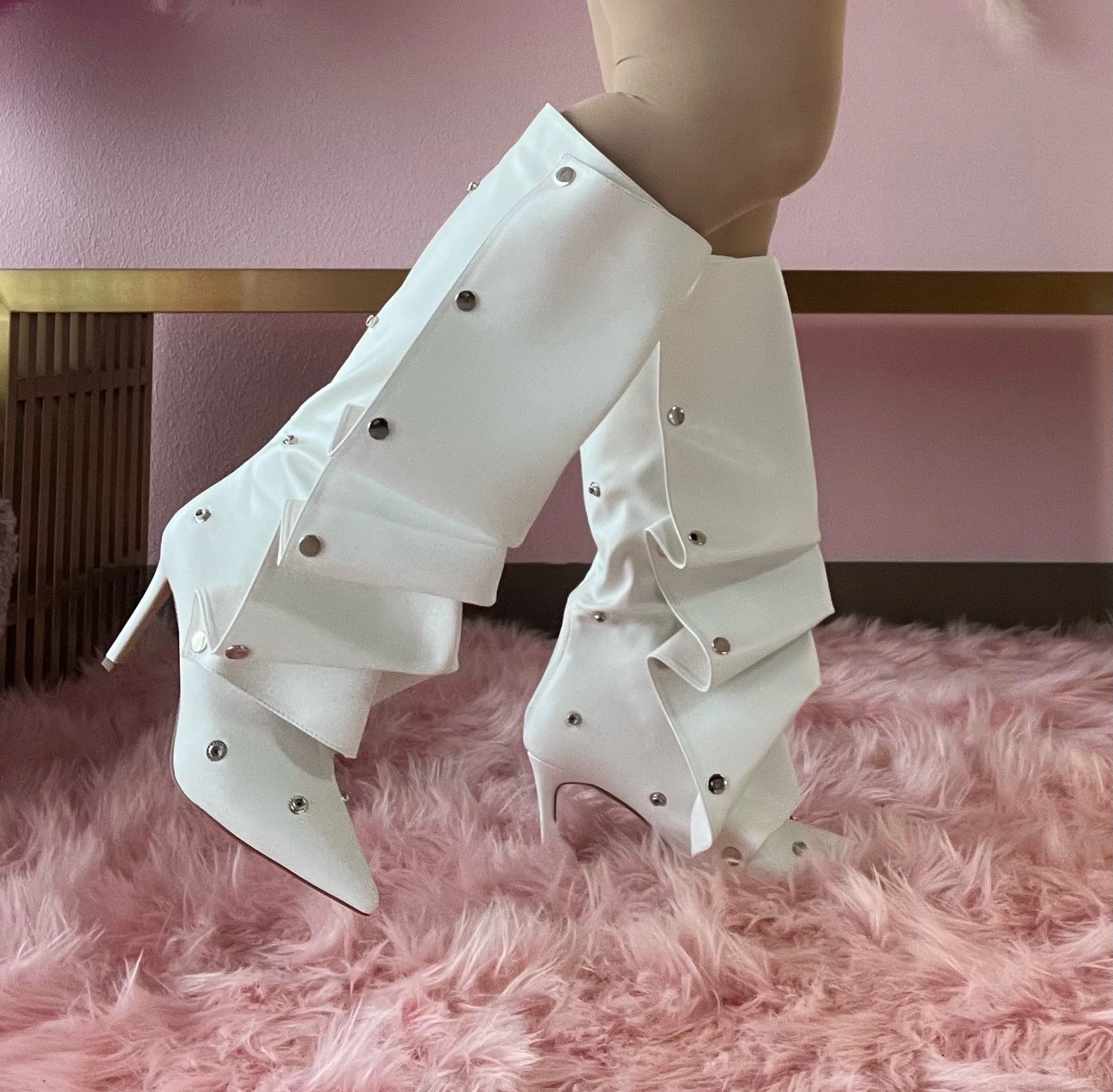 BUMBLE-01 White Faux Leather Knee High Slouch Boots with Draped Front Panel Roxanna Knee High Boot