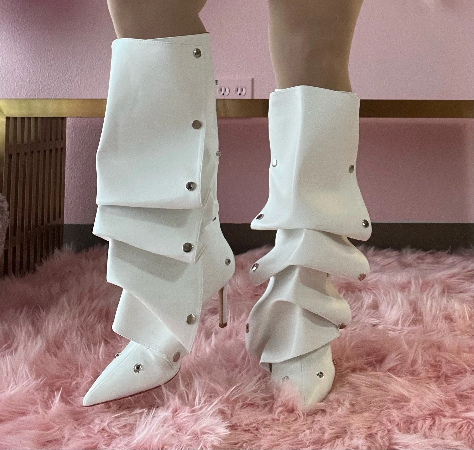 BUMBLE-01 White Faux Leather Knee High Slouch Boots with Draped Front Panel Extended Calf Knee High Boots