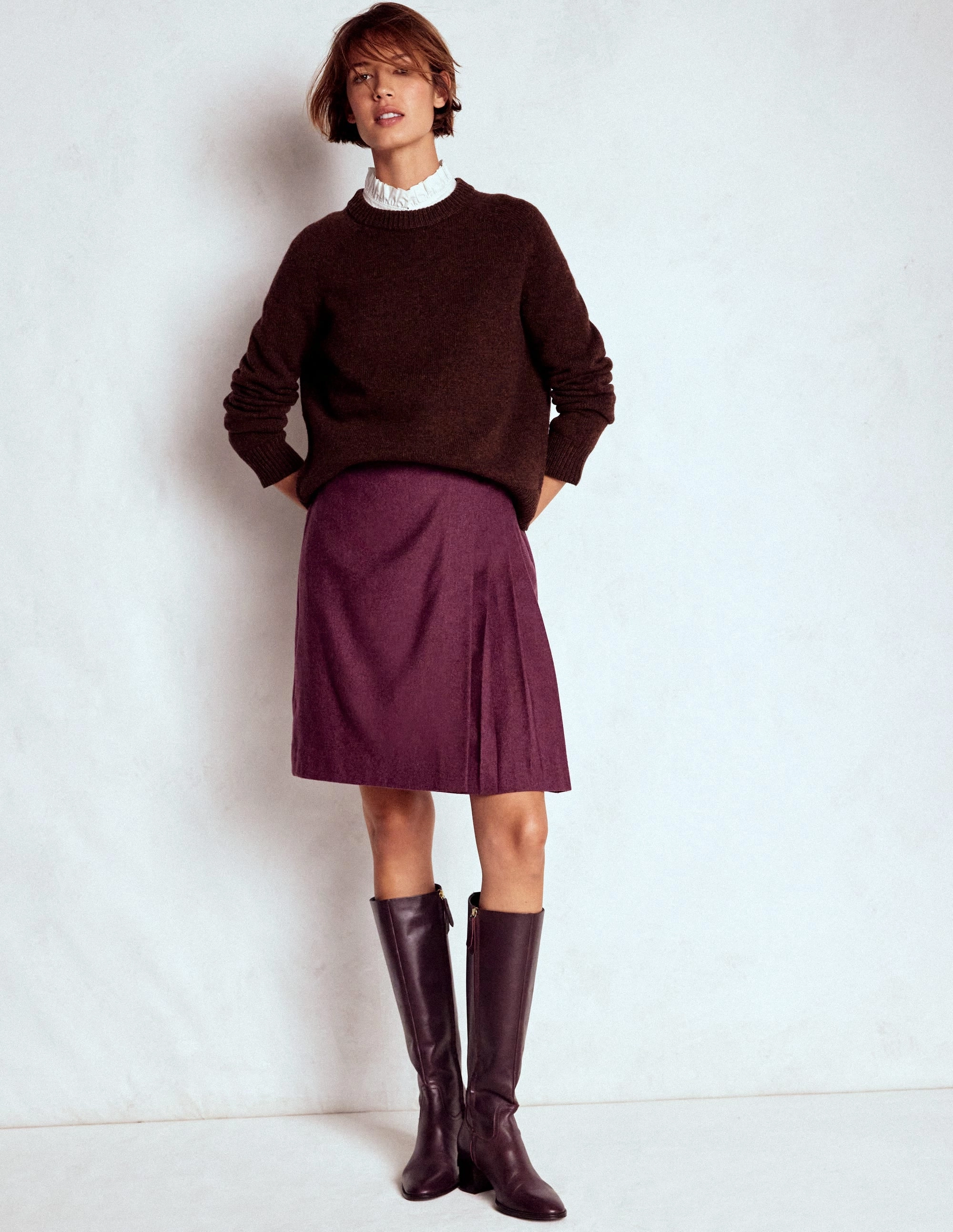 Helen Wool Kilt Skirt-Maroon and Purple Herringbone Color Knee High Boots