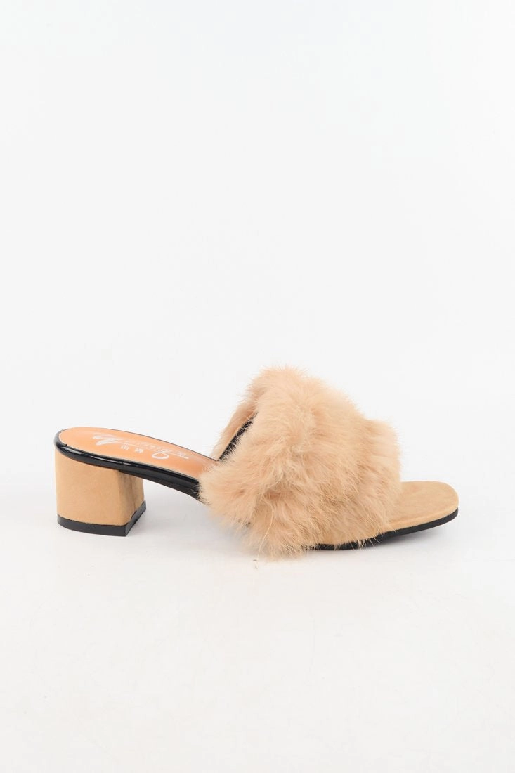  - Fluffy Fur Slide Sandals Fashion Block Mid Heel Mule Slippers High Heel Wedges With Ankle Strap
