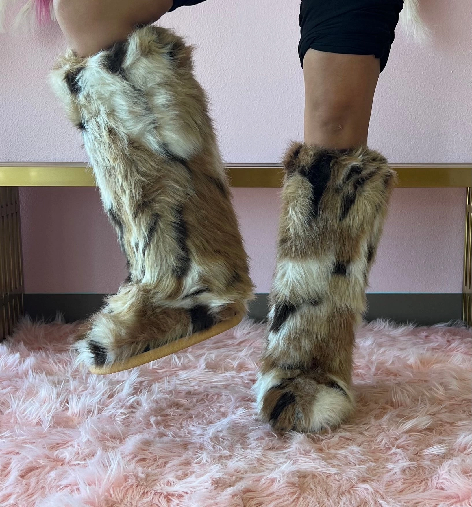 FENNEC Natural Tan Tall Faux Fur Knee High Boot - Pull-On Heeled Boots Knee High