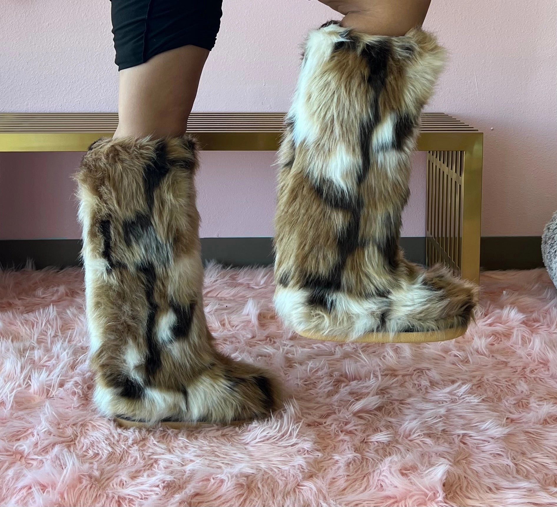 Knee High Open Toe Heel Boots FENNEC Natural Tan Tall Faux Fur Knee High Boot - Pull-On