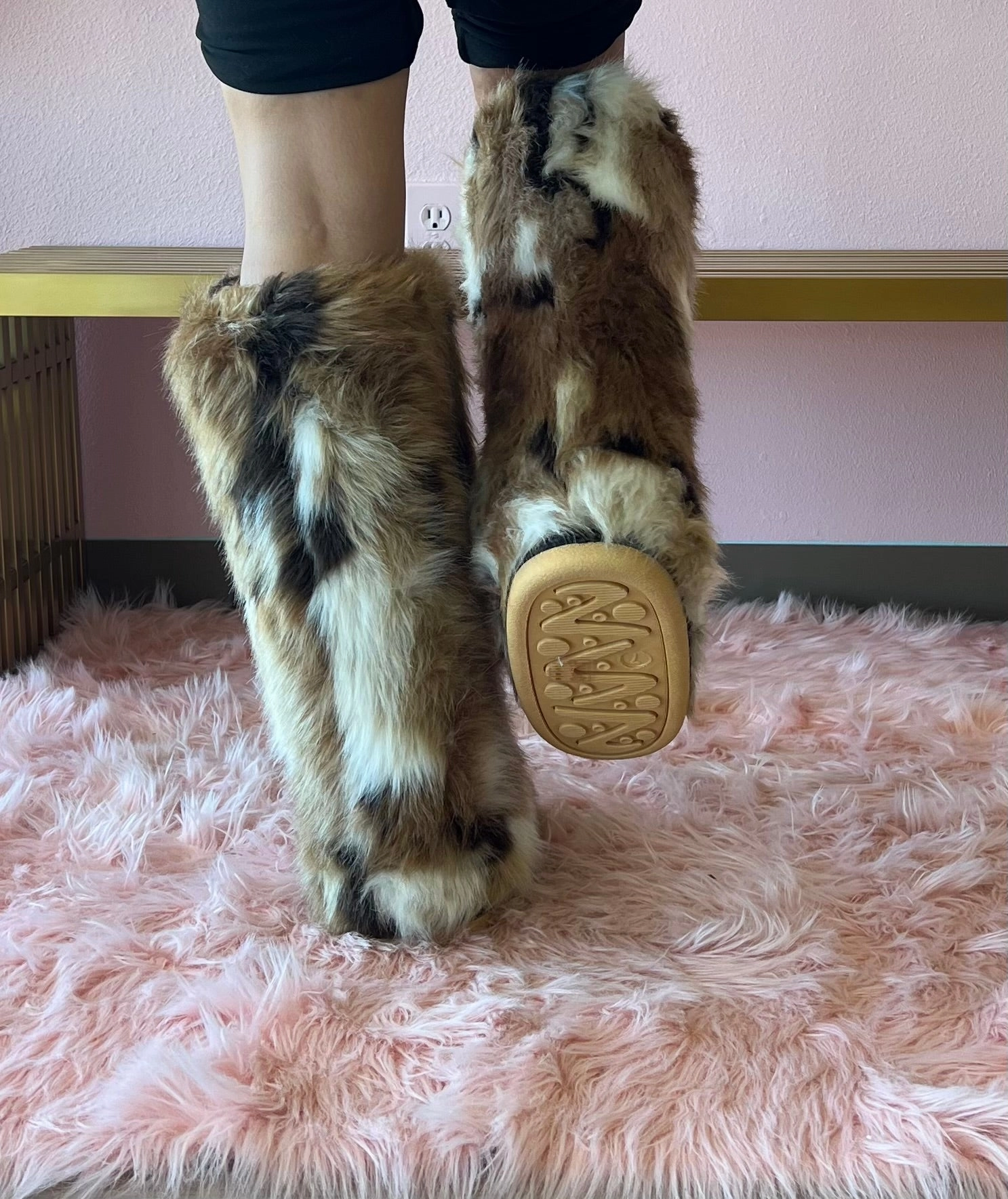 FENNEC Natural Tan Tall Faux Fur Knee High Boot - Pull-On Laced Knee High Boots