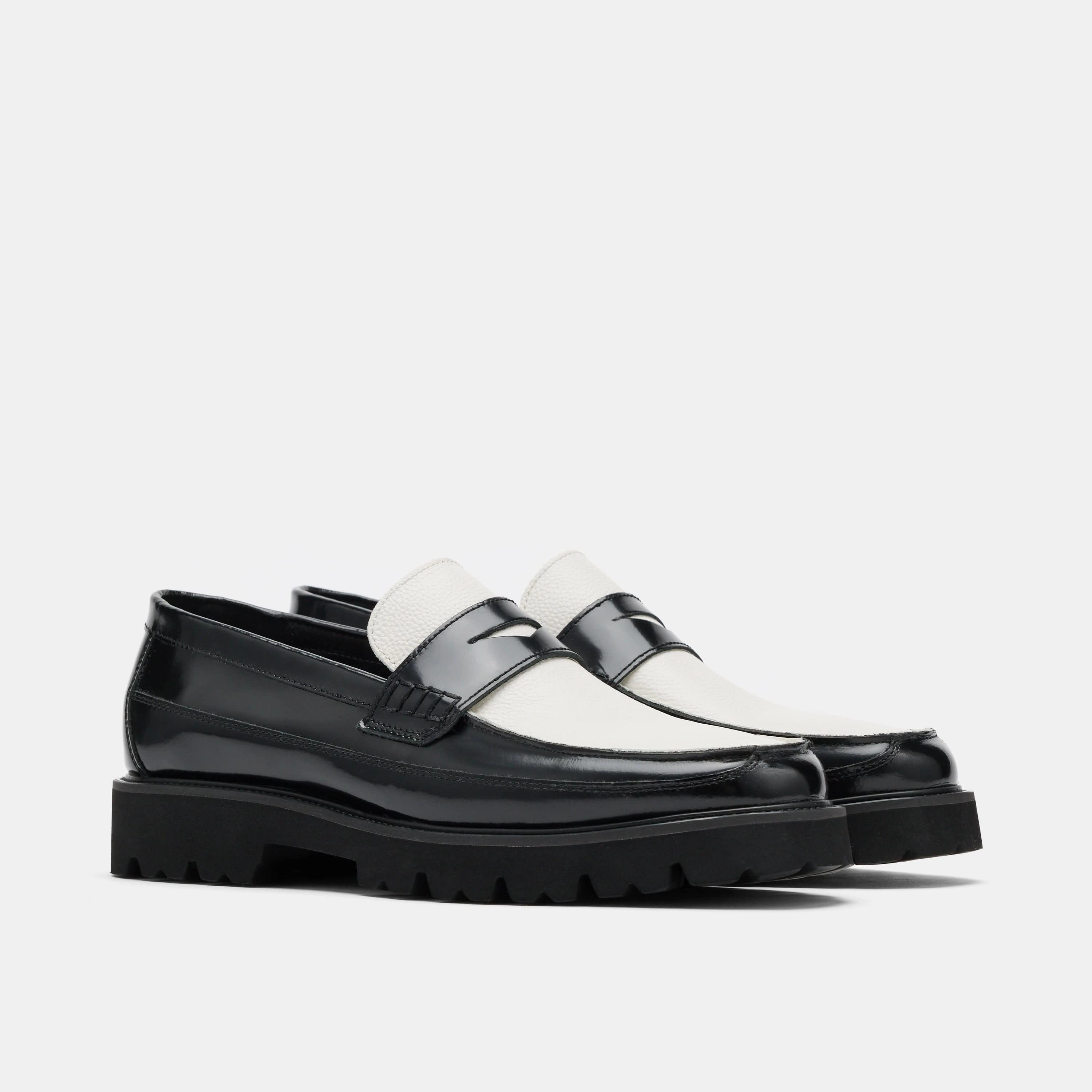Adler Black/White Leather Lug Penny Loafers Bee Loafers