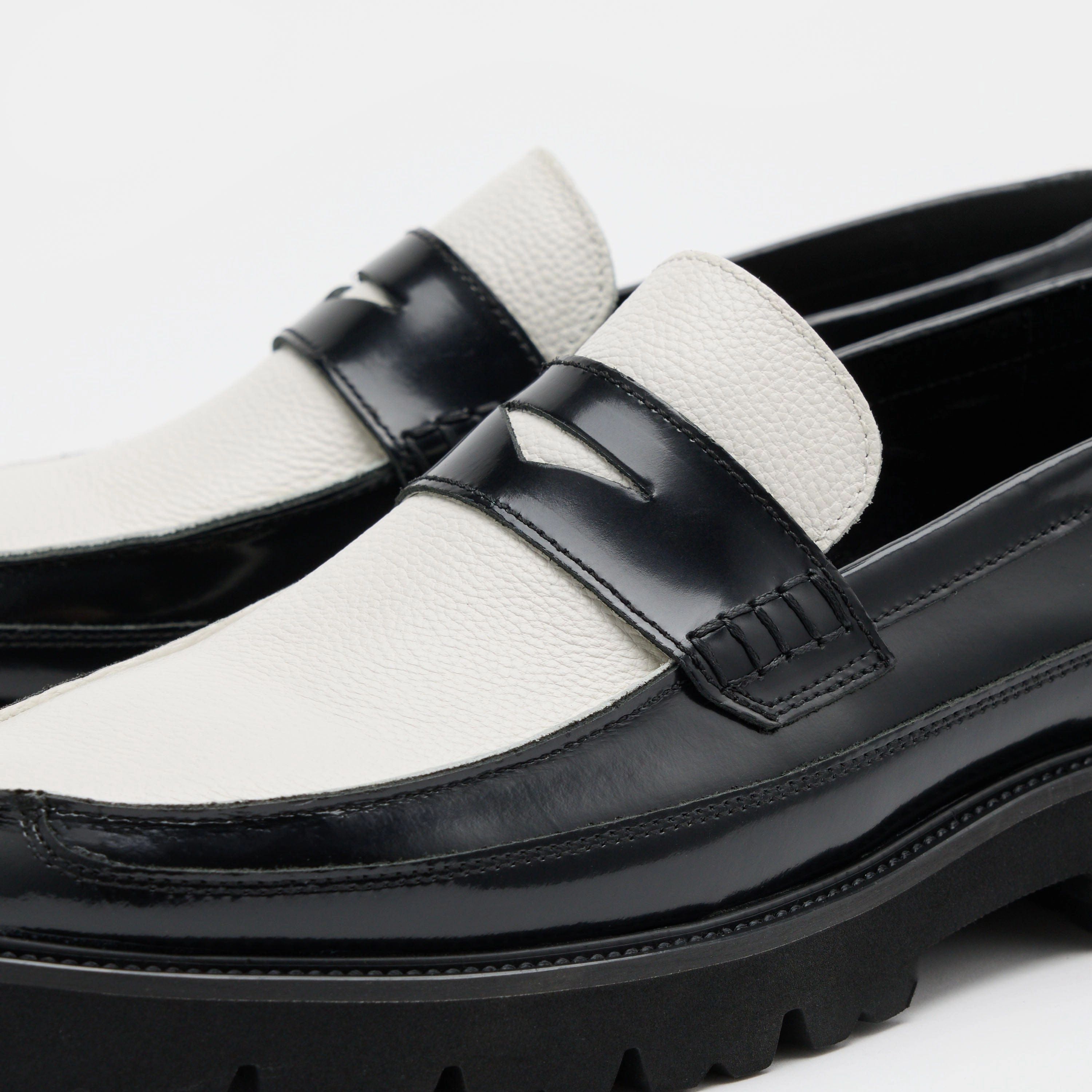 Adler Black/White Leather Lug Penny Loafers Rubber Sole Penny Loafers