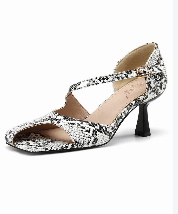 High Heels With Laces Black White Serpentine Stylish Hollow Out Stiletto Heels Sandals XC1024
