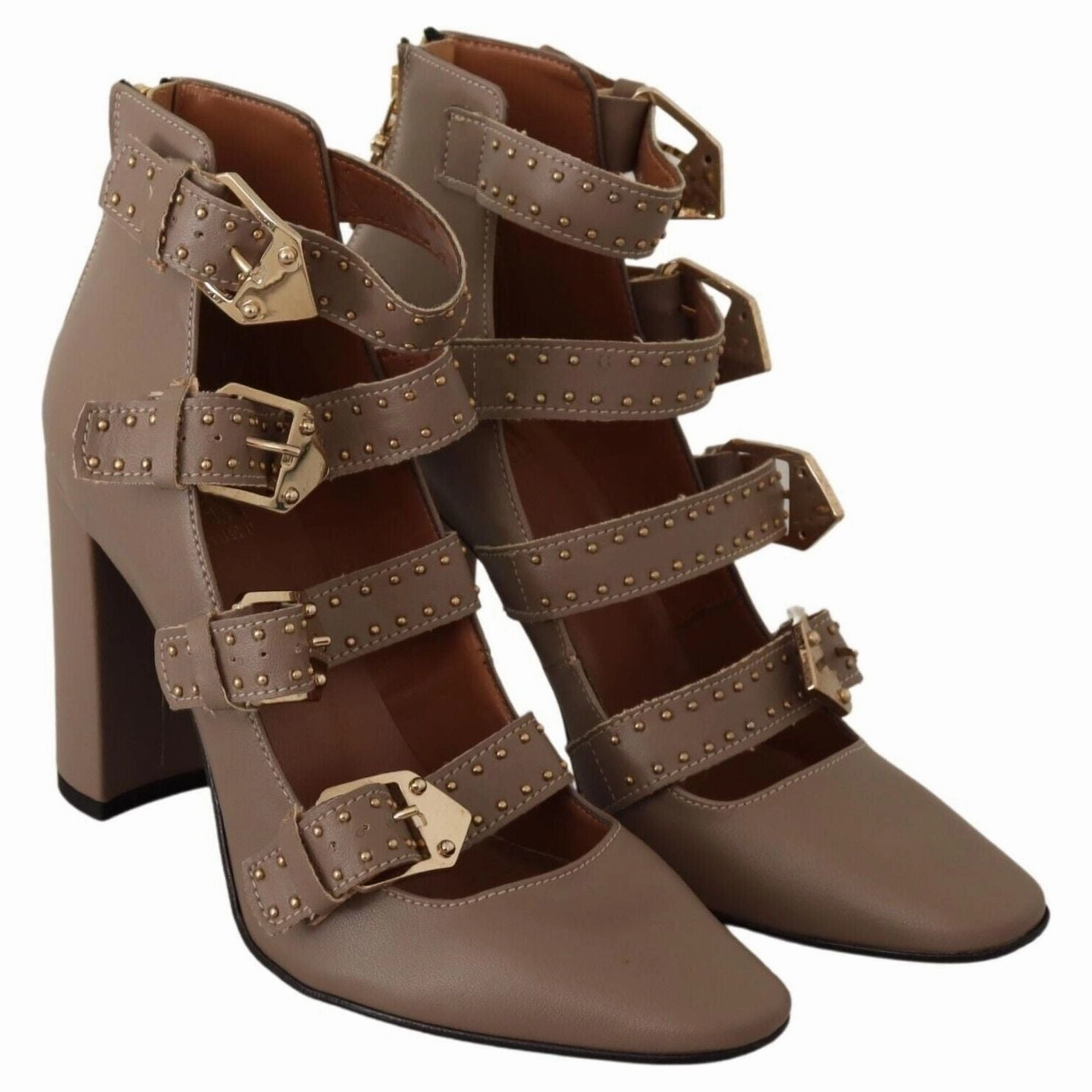 High Heels Online Shop MY TWIN Brown Leather Block Heels Multi Buckle Pumps Shoes