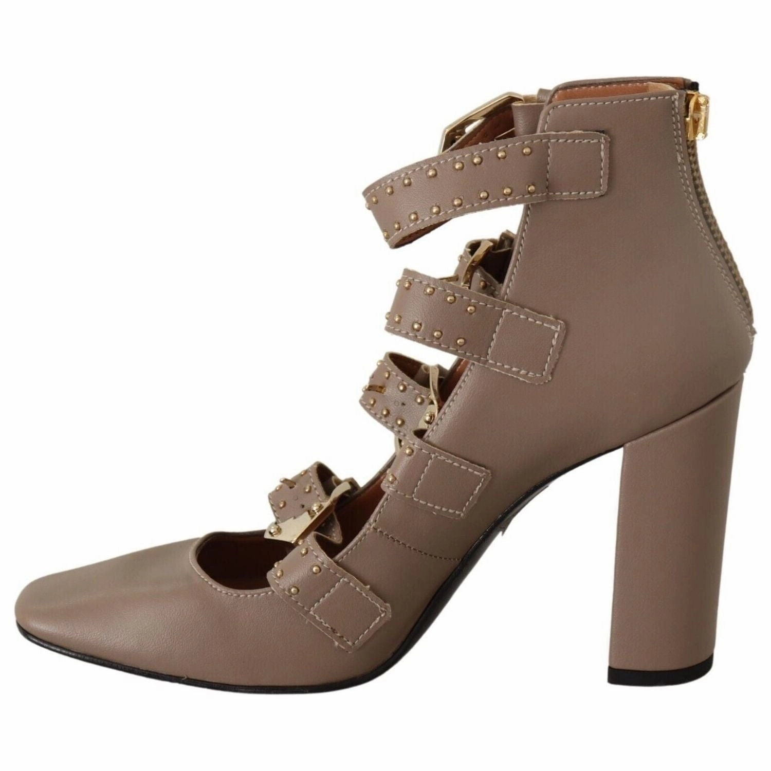 Rose Gold High Heel Shoes MY TWIN Brown Leather Block Heels Multi Buckle Pumps Shoes