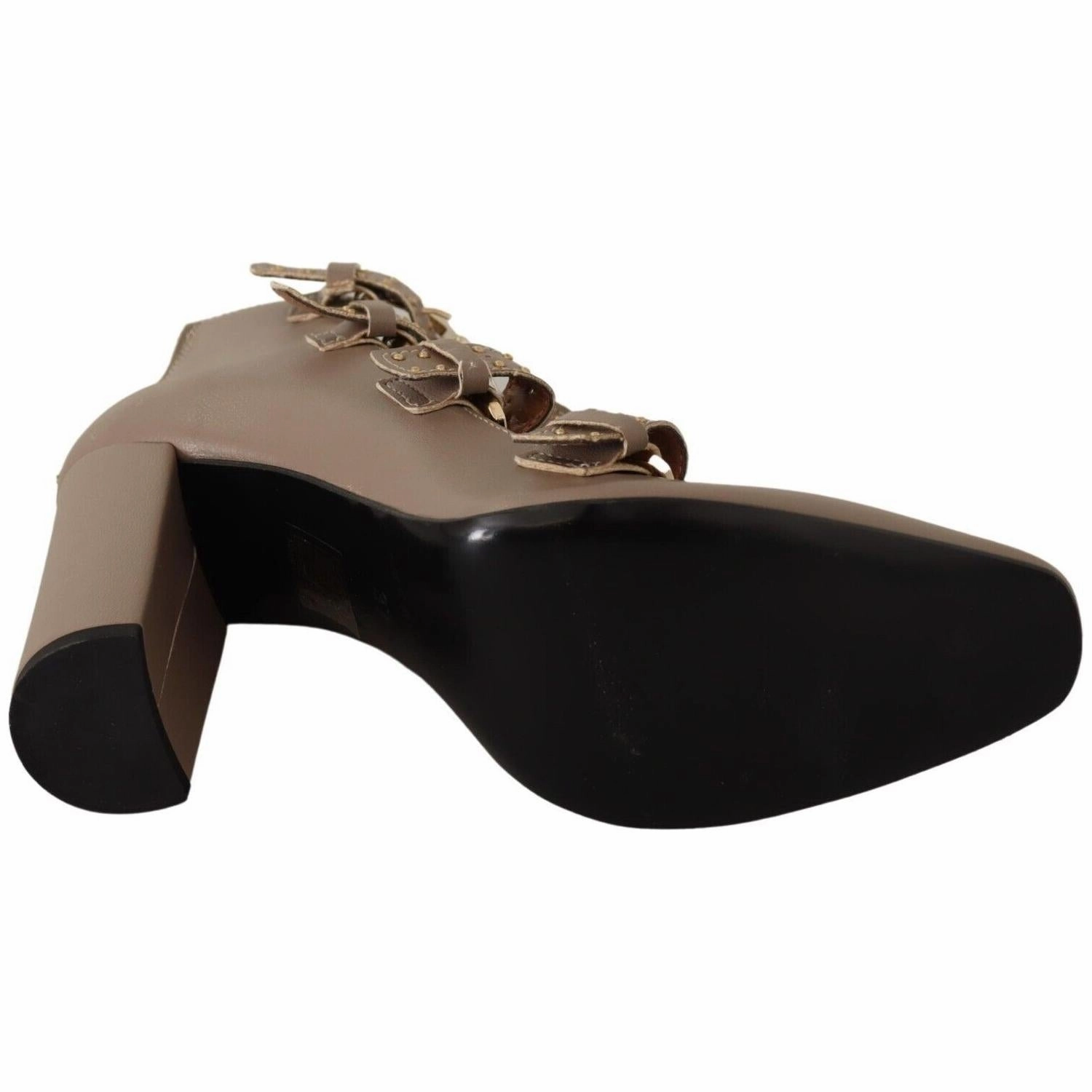 MY TWIN Brown Leather Block Heels Multi Buckle Pumps Shoes Race In Heels