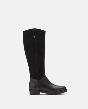 Jeane Knee High Boots in Black Suede Knee High Track Sole Boots