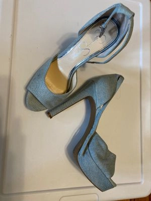 Locked In High Heels Jessica Simpson denim material 3 inch heels Ankle strap 7-1/2 (Adult)