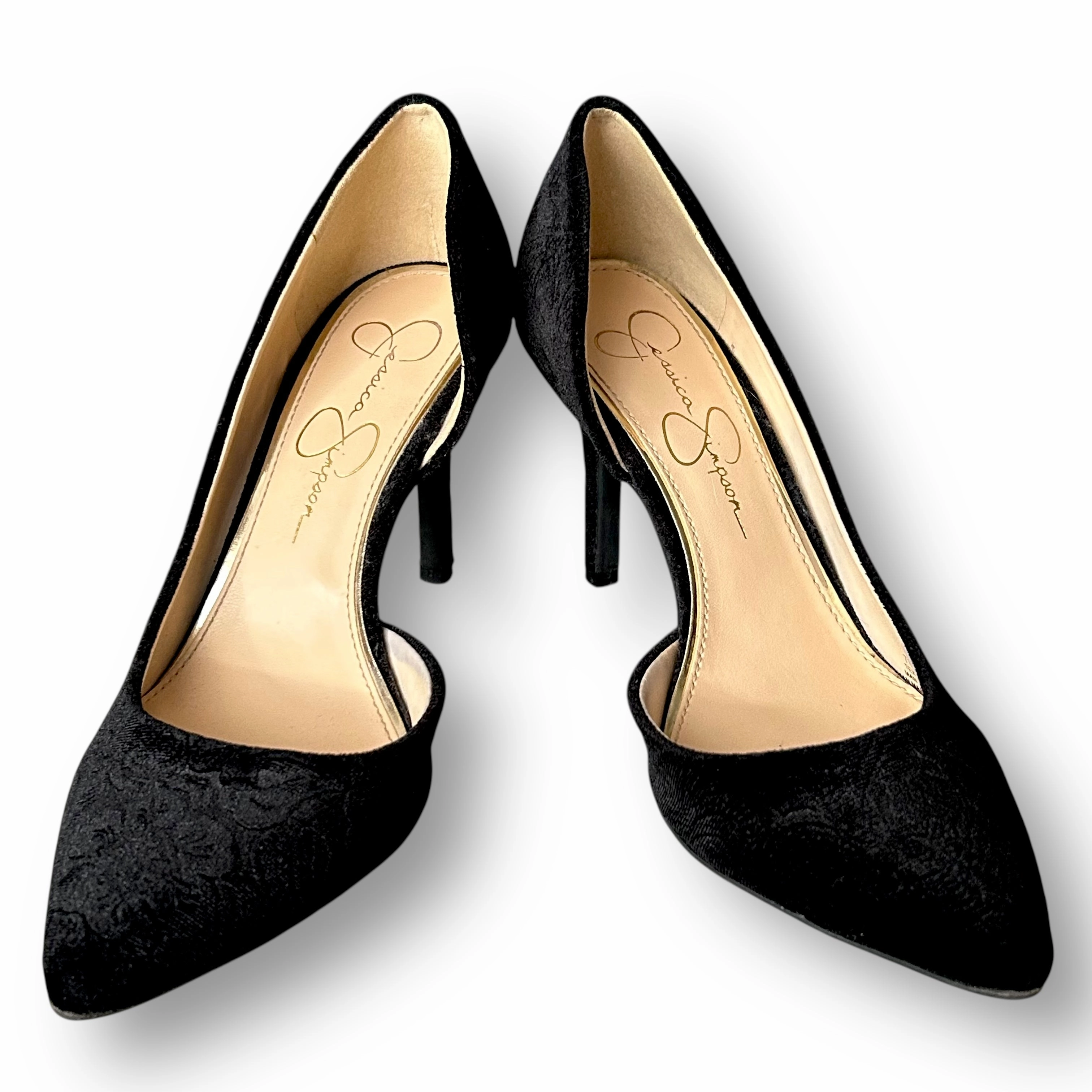 High Heels Stuck In Glue Jessica Simpson Women's Heels Size 7.5 Imprinted Velvet Black Stilettos