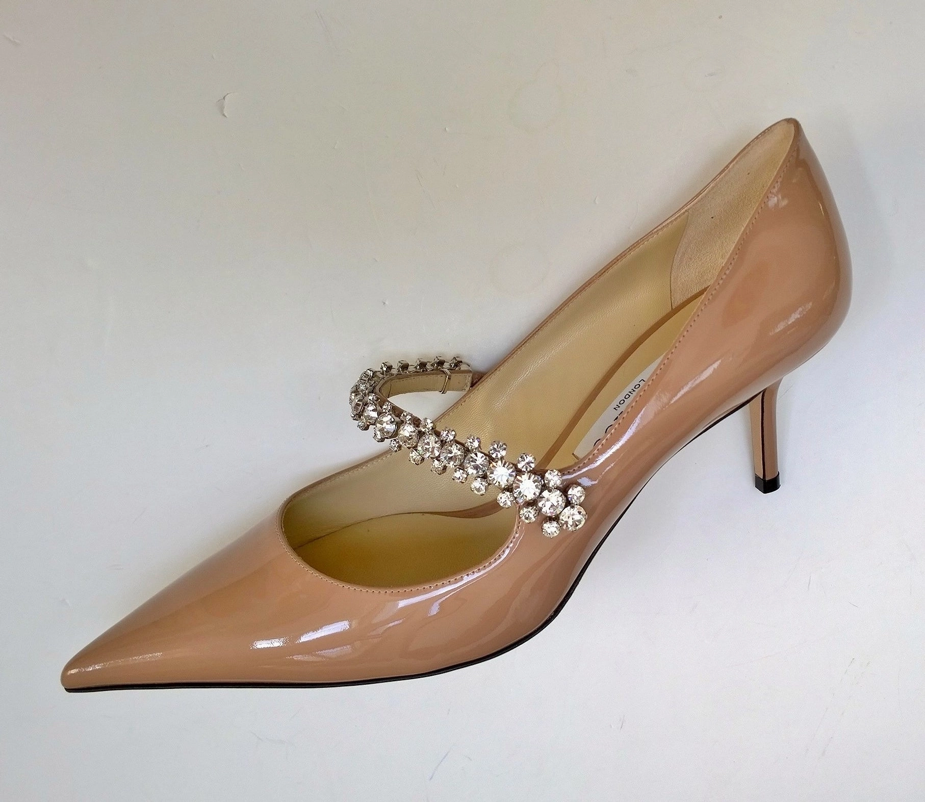 Jimmy Choo Bing 65 Nude Patent Leather Rhinestone Strap Heels New in Box Winter High Heels